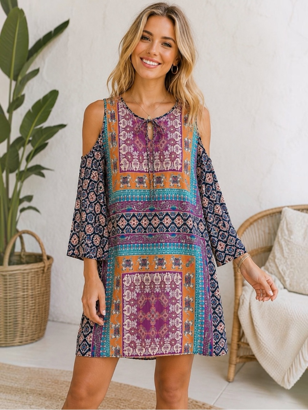 Anthropologie Feathers by Tolani Cold Shoulder Tunic Dress Elephant Print Size S